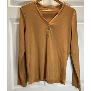 Gap Ribbed Long Sleeve Henley Shirt Top Womens XL Tumeric